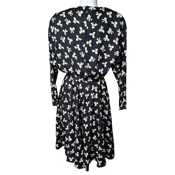 Vintage 80s Megan Barrett 100% Silk Black Bow Print Belted Secretary Dress Sz 12 - Picture 6 of 8